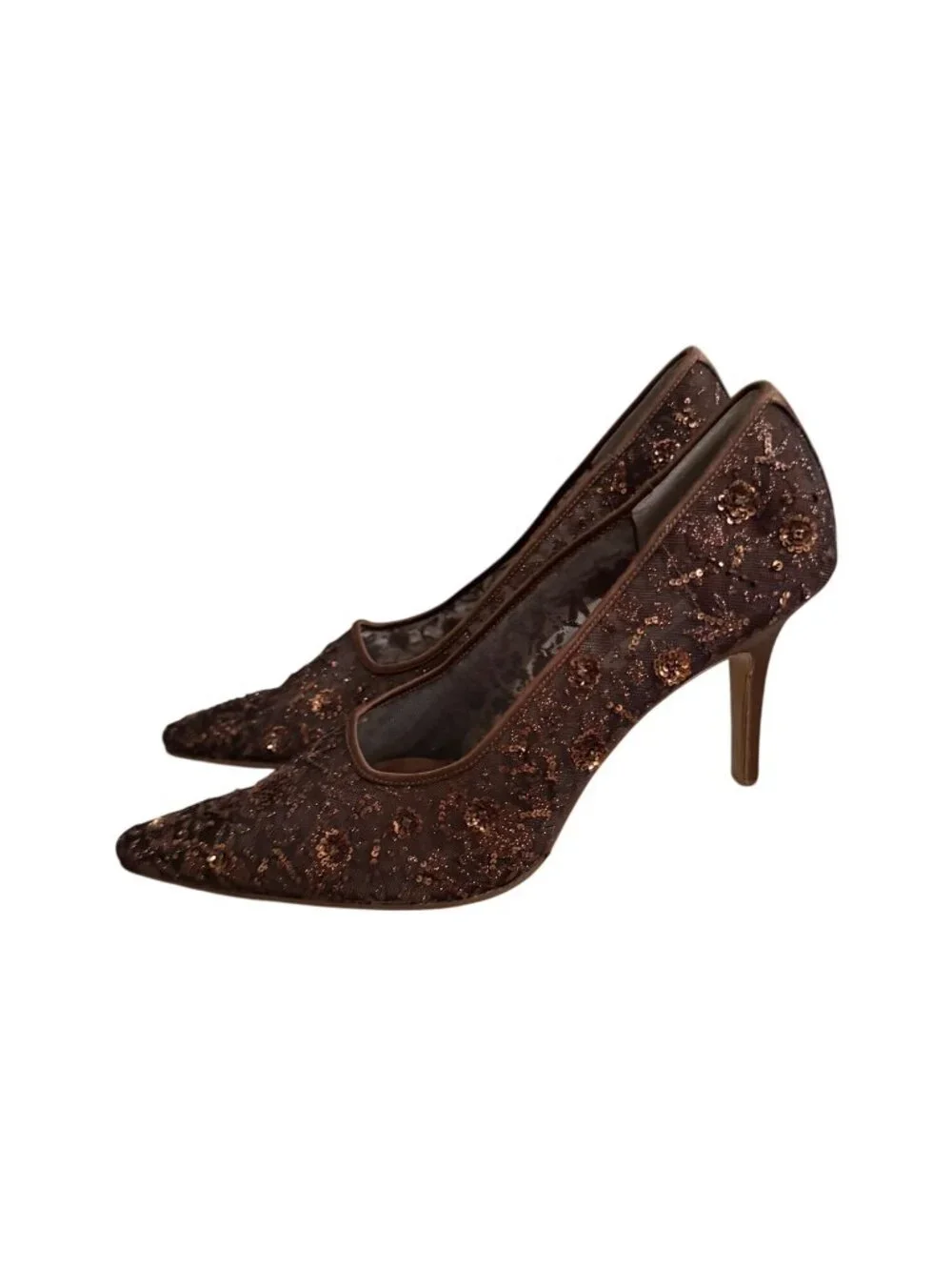 LORD & TAYLOR Brown Embellished Beaded Floral Heels Size 8.5